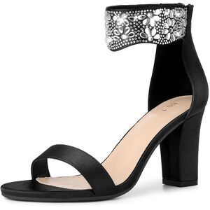 Women's Rhinestone Diamond Decor Crystal Ankle Strap Chunky Heel Sandals Black